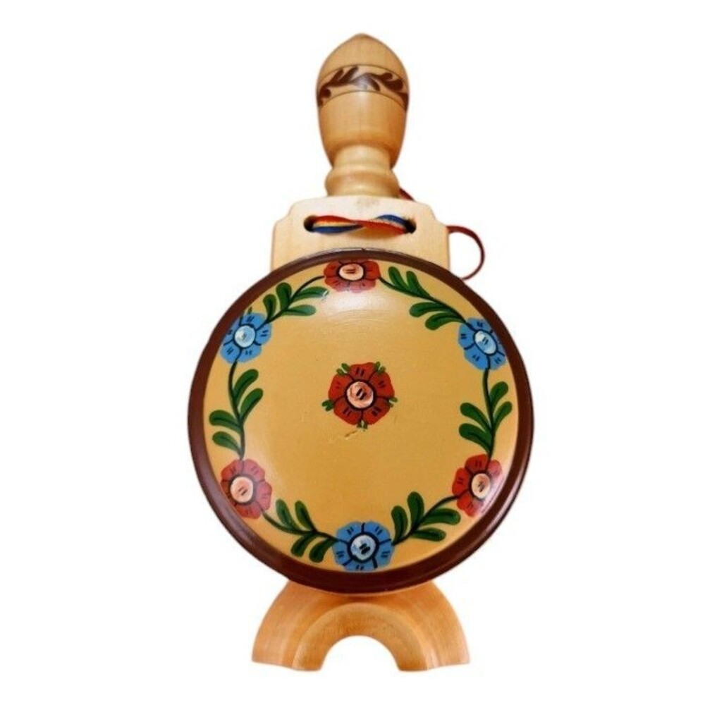 Vintage Romanian Wooden Flask Canteen 9" Hand Painted Floral Folk Art Decanter